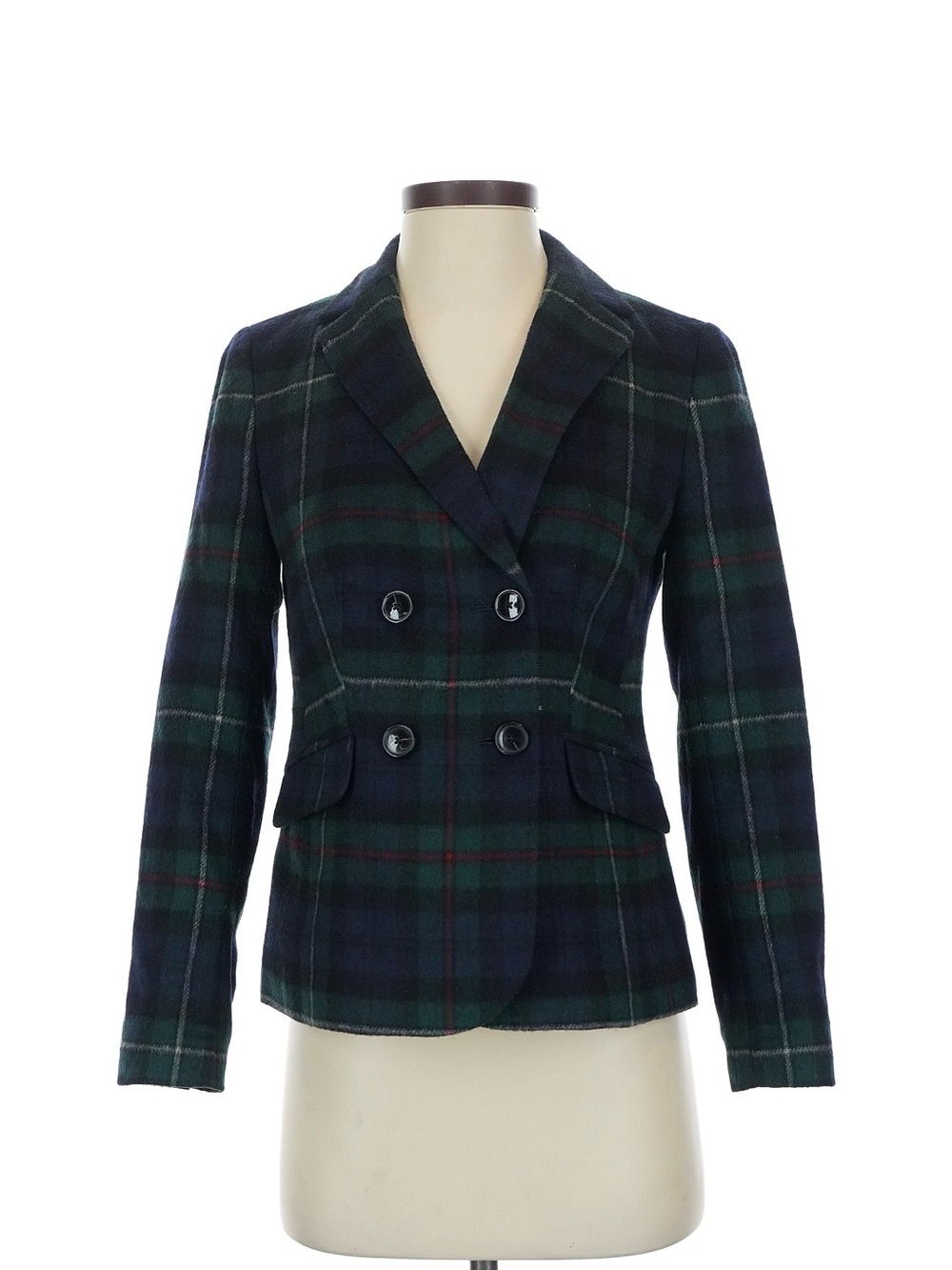 Talbots Double-Breasted Green and Navy Plaid Blazer